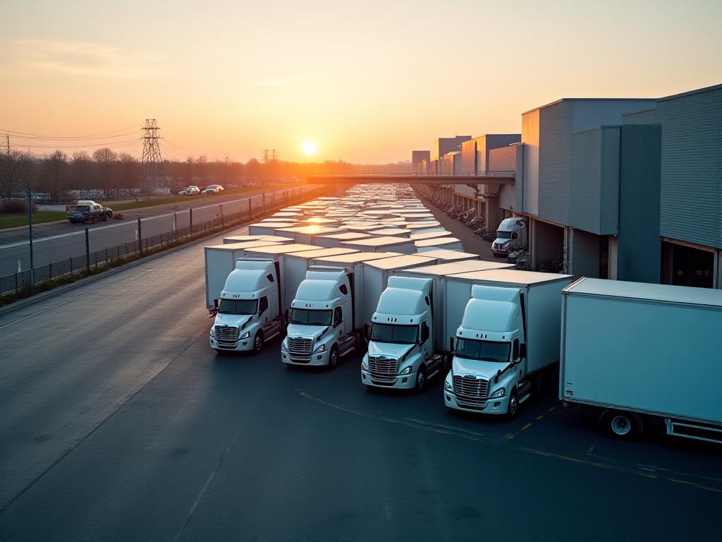 Modern logistics fleet with heavy-duty trucks integrated into a high-tech terminal