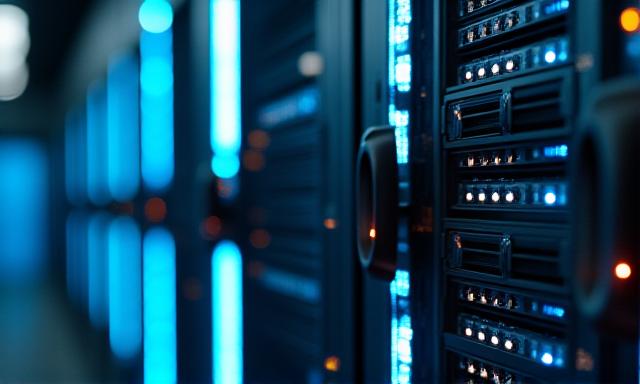 Secure logistics server room with cyan lighting